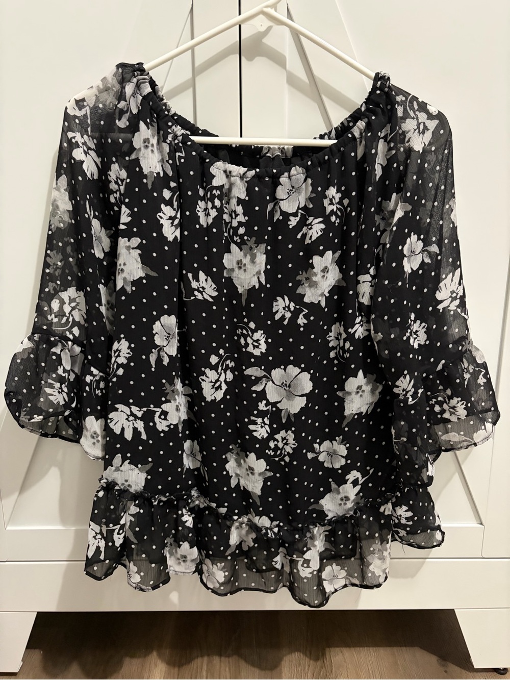Massini Black Sheer Floral & Polka Dot Off-Shoulder Blouse